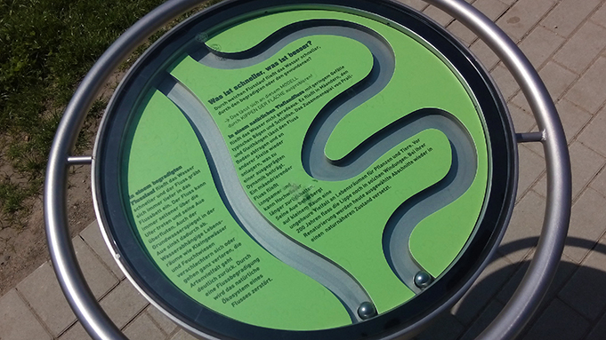 Eine Infostation auf dem Rundweg Lüner Lippeaue; der Lauf des Wassers bei begradigten und gewundenem Flussbett kann hier ausprobiert werden.